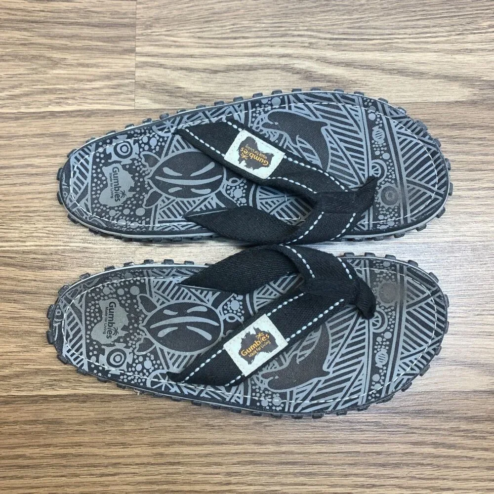 Gumbies Sandals Mens 6 Flip Flop Thong Flats Slip On Black Fabric Casual Comfort
